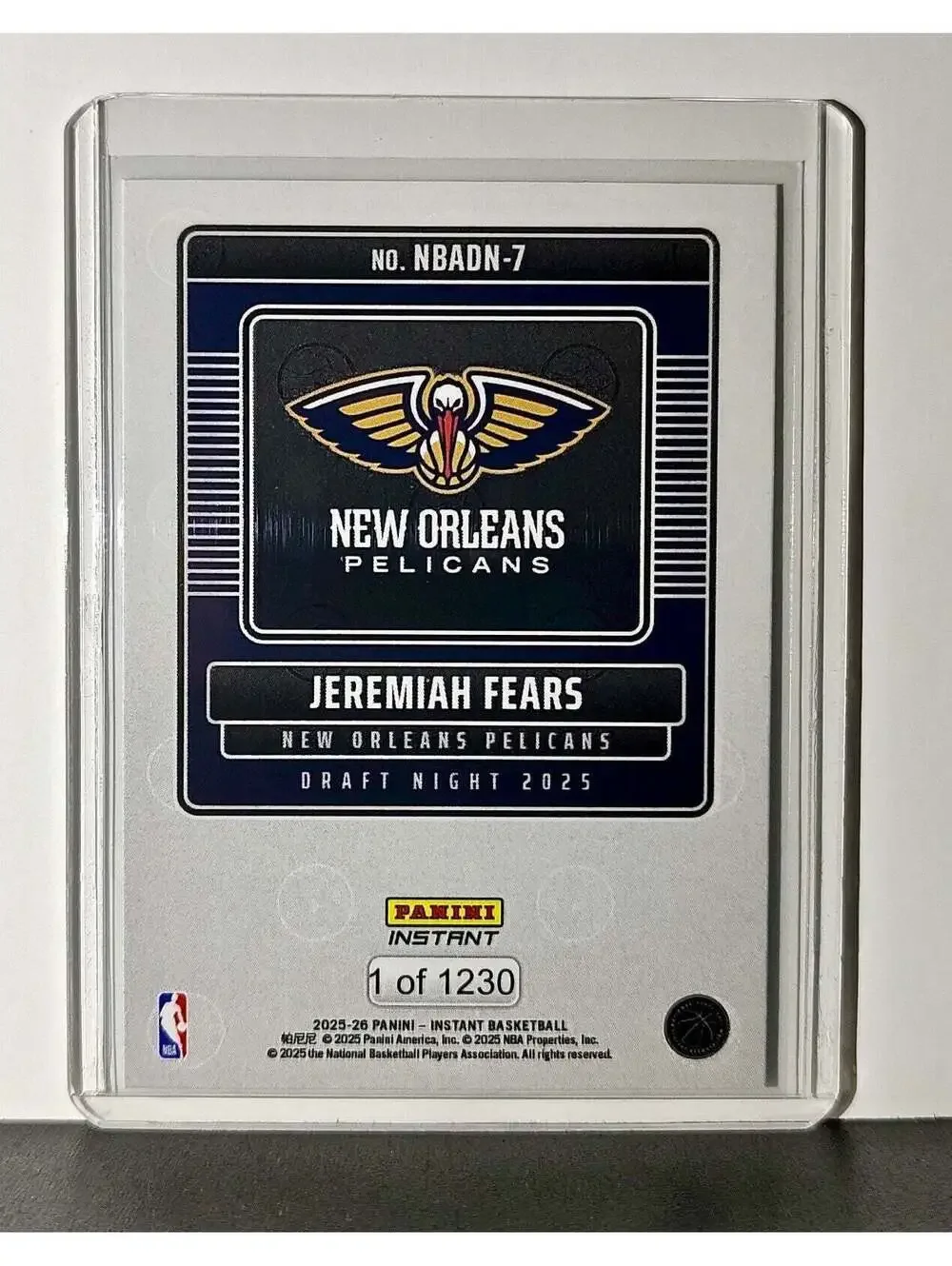 Jeremiah Fears Rookie 2025-26 Panini NBA #7 Draft Night New Orleans Pelicans